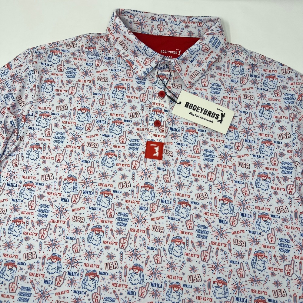 Bogey Bros Mens XL Merica Patriotic Golf Polo Shirt All Over Print USA NWT